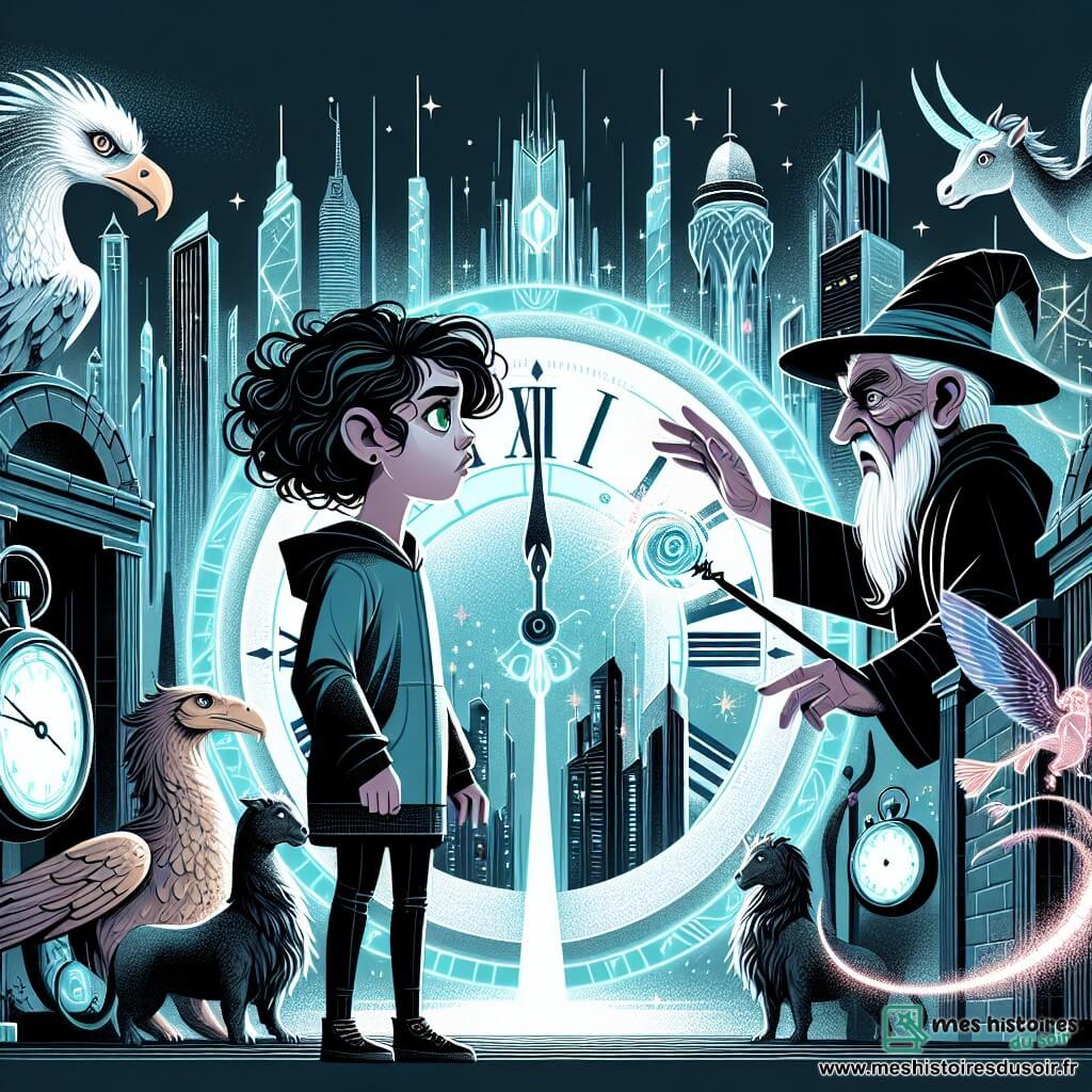 Une illustration sous forme de dessin destinée aux enfants représentant une métropole futuriste mêlant gratte-ciels scintillants et anciennes tours de pierres, où une fille de 12 ans aux cheveux bouclés d'un noir profond et aux yeux verts émeraude se tient devant un chronomètre brillant, entourée de créatures fantastiques comme des griffons et des licornes, tandis qu'un vieux sorcier au visage ridé et à la robe noire s'approche d'elle avec une expression menaçante, illustrant le moment où elle se prépare à libérer un oracle capturé pour sauver son futur.