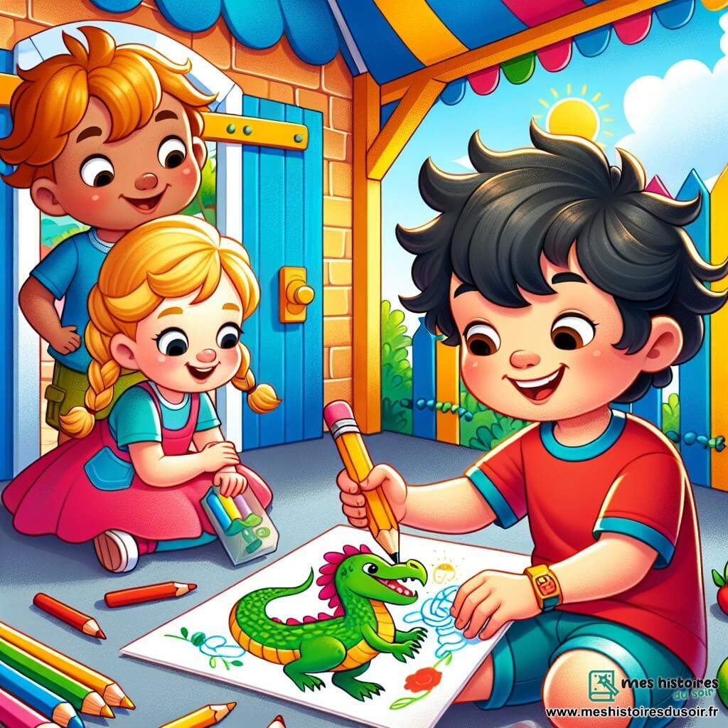 Une illustration sous forme de dessin destinée aux enfants représentant un centre de loisirs coloré avec des murs peints en bleu, jaune et vert, où un garçon de 5 ans aux cheveux bruns et bouclés, portant un t-shirt rouge et un short bleu, s'amuse à dessiner un dragon avec des crayons de couleur, entouré de deux enfants : une fille aux cheveux blonds en tresse, vêtue d'une robe rose, qui admire son dessin, et un garçon aux cheveux noirs, portant un t-shirt vert, qui s'apprête à lancer un ballon, le tout dans une atmosphère joyeuse et ensoleillée, illustrant l'esprit des vacances d'été et l'amitié.