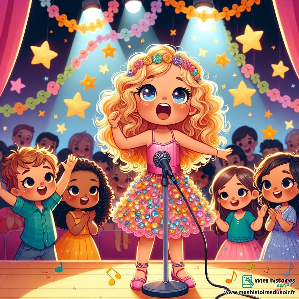 Illustration d'une scène vibrante d'un spectacle scolaire. La salle est ornée de guirlandes colorées et d'étoiles en papier scintillantes. Au fond, des parents et amis applaudissent avec des sourires. Au centre, une petite fille de 5 ans, aux longs cheveux bouclés dorés, porte une robe rose pailletée et chante avec enthousiasme, les bras levés. À ses côtés, un garçon de 6 ans aux cheveux bruns et une fille de 5 ans avec des tresses noires l'encouragent. Le garçon bat des mains au rythme de la musique, tandis que la fille, en robe bleue, danse avec grâce. La scène montre la petite fille prête à chanter, entourée de ses amis, tous rayonnants de bonheur. Des notes de musique flottent dans l'air et une étoile en papier tombe, symbolisant la magie du moment.