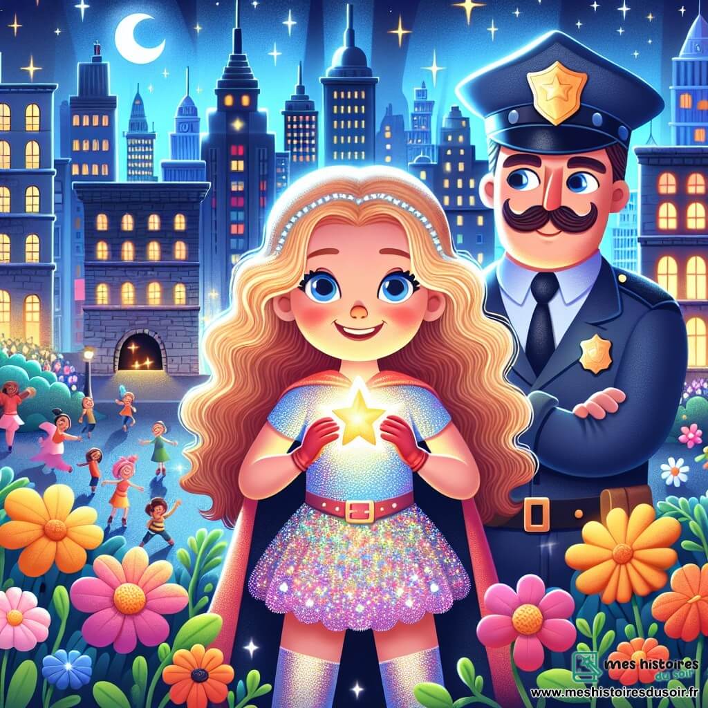 Une illustration sous forme de dessin destinée aux enfants représentant une ville colorée et ensoleillée, avec des bâtiments aux teintes vives et des fleurs dansantes, au centre de laquelle se trouve une super-héroïne aux longs cheveux brillants comme des étoiles, vêtue d'un costume bleu scintillant, qui sourit en tenant une petite étoile lumineuse dans ses mains, tandis qu'un policier au chapeau rond et à la moustache frétillante, un homme au visage amical, regarde avec admiration, alors qu'ils se tiennent devant la grotte sombre et menaçante d'un méchant voleur de lumière, illustrant le moment où la super-héroïne sauve la petite étoile de la jeune Clara.