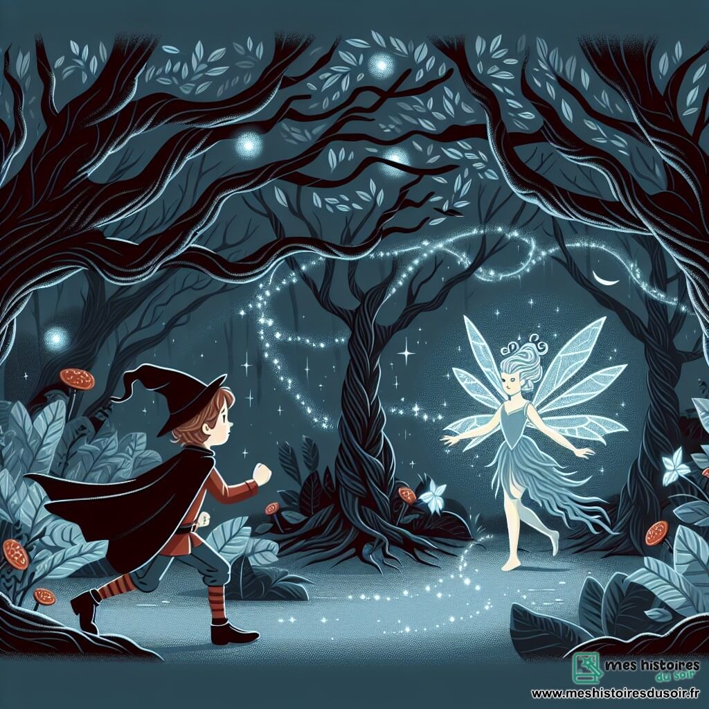 Une illustration destinée aux enfants représentant un jeune garçon courageux affrontant une sorcière maléfique dans une forêt sombre et mystérieuse, accompagné d'une fée lumineuse vêtue de pétales d'argent, avec des arbres aux branches tordues et des ombres dansantes.