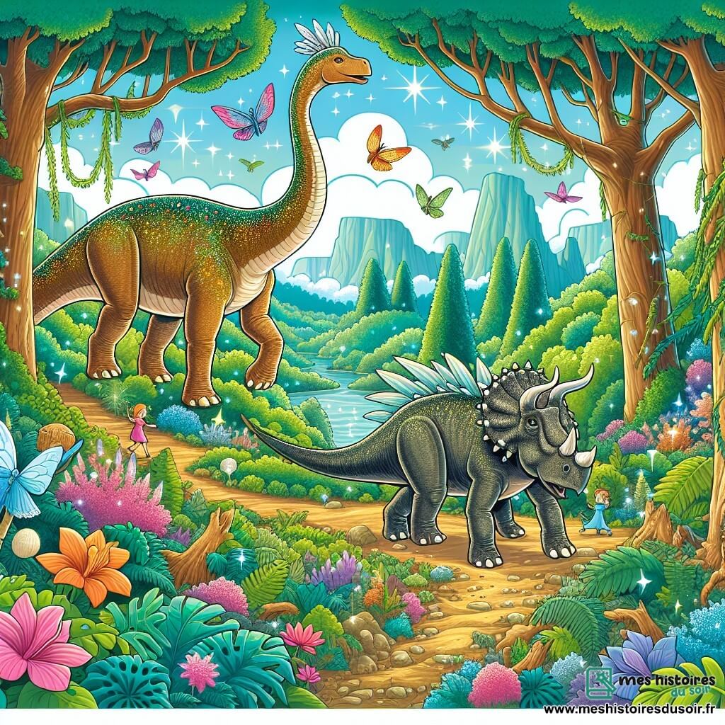 Une illustration destinée aux enfants représentant un grand diplodocus fille se lançant dans un voyage avec un tricératops garçon, découvrant une forêt enchantée remplie de fées étincelantes, avec un tricératops garçon solitaire les rejoignant en chemin, le tout se déroulant dans une vallée luxuriante peuplée d'arbres anciens et de plantes colorées.