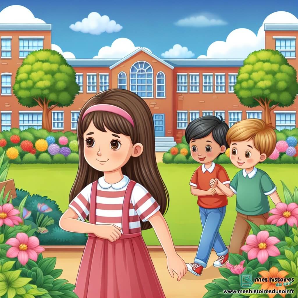 Une illustration destinée aux enfants représentant une jeune fille courageuse confrontée au harcèlement dans une école magnifique entourée de jardins colorés, avec le soutien d'un fidèle ami aux cheveux bruns et aux yeux brillants.
