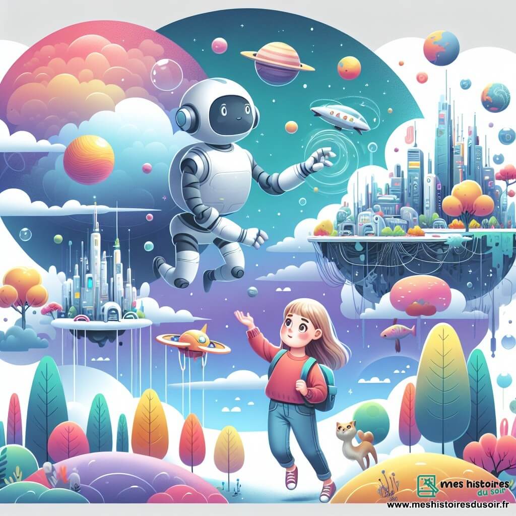 Une illustration destinée aux enfants représentant une jeune fille curieuse explorant une ville futuriste suspendue dans les nuages, accompagnée d'un robot amical, découvrant des mondes sous-marins colorés et une planète géante aux arbres immenses et aux animaux gigantesques.