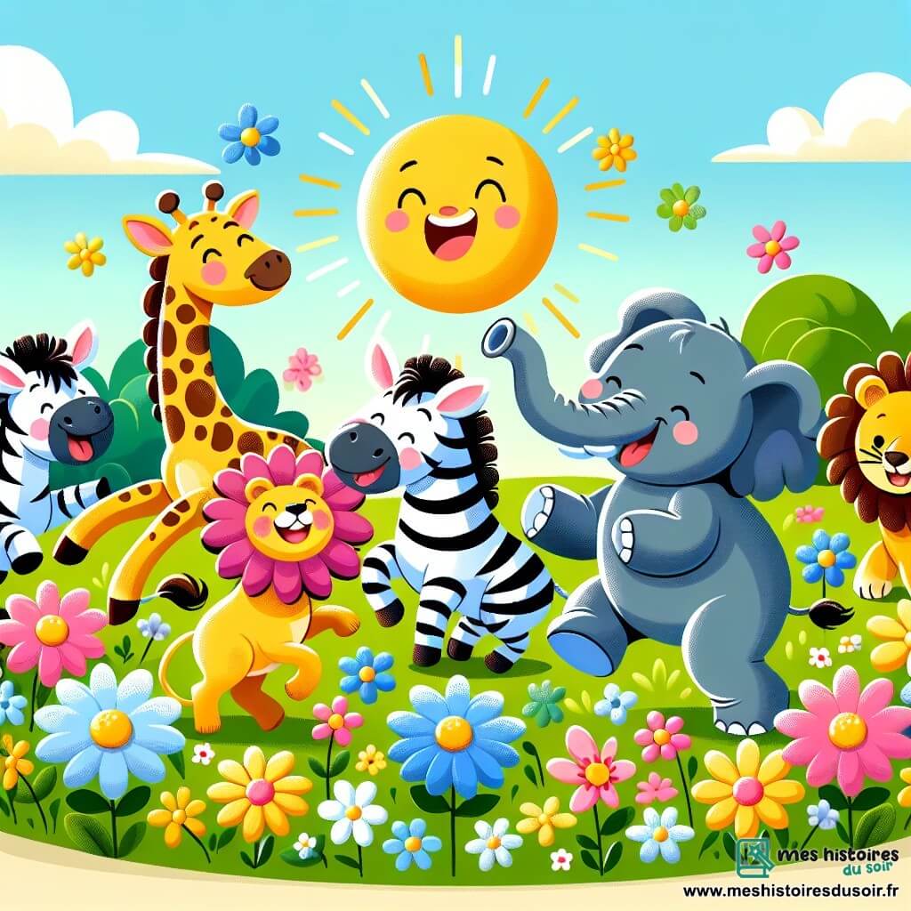 Une illustration sous forme de dessin destinée aux enfants représentant une clairière ensoleillée pleine de fleurs colorées, avec une girafe au long cou tacheté de doré qui rit en trébuchant dans un buisson de fleurs, entourée de ses amis : un zèbre aux rayures noires et blanches qui danse joyeusement, un lion au pelage doré qui rigole en essayant de courir, et un éléphant gris qui applaudit en souriant, capturant l'esprit de camaraderie et de joie lors d'une compétition de jeux amusants entre animaux.