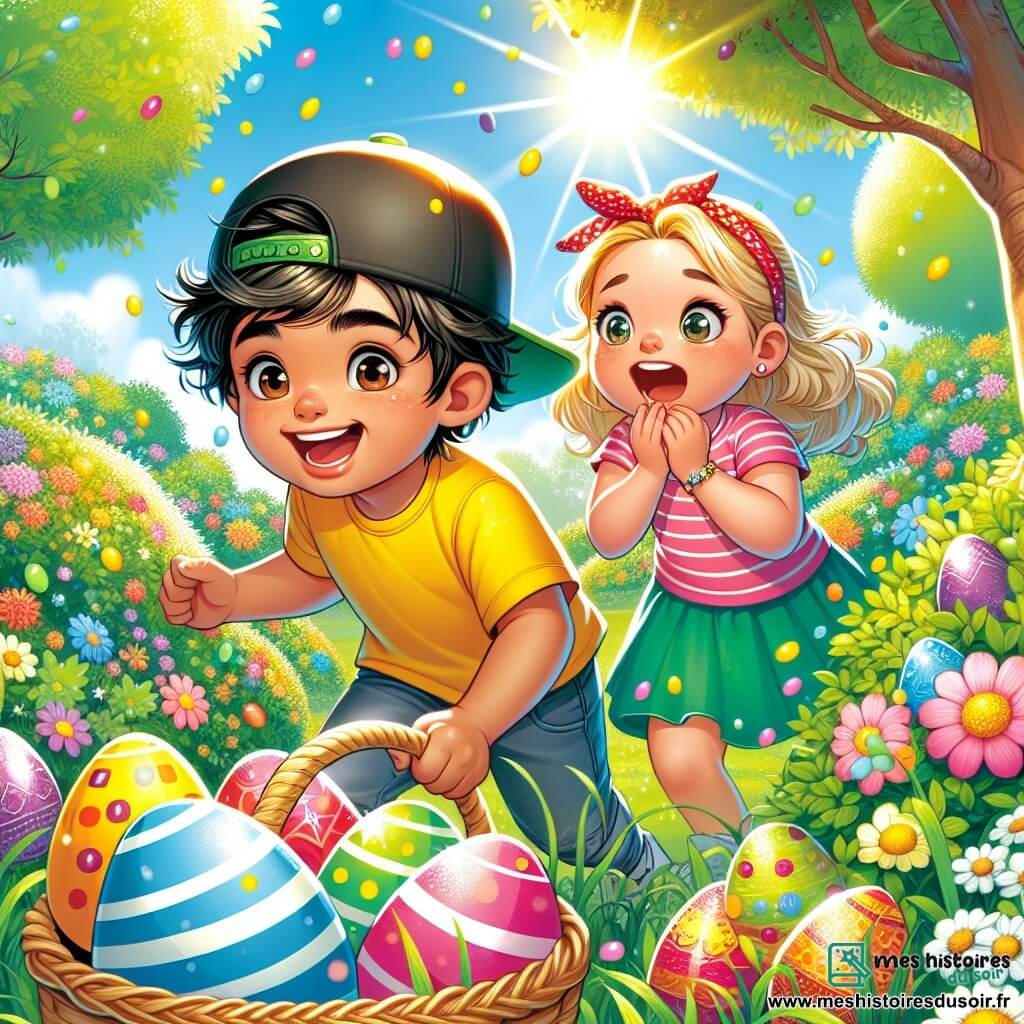 Illustration destinée aux enfants représentant un jardin ensoleillé, rempli de fleurs colorées et d'arbres verdoyants, où des œufs en chocolat multicolores sont cachés dans l'herbe. Au centre, un garçon de 11 ans, aux cheveux ébouriffés et aux yeux pétillants, porte un t-shirt jaune vif et une casquette à l'envers, souriant avec enthousiasme alors qu'il tient un panier en osier rempli d'œufs. À ses côtés, sa petite sœur, une fille de 7 ans avec des nattes blondes, regarde avec émerveillement un œuf caché derrière un buisson. La scène capture l'excitation de la chasse aux œufs de Pâques, avec des rires d'enfants résonnant et des confettis flottant dans l'air, ajoutant une touche festive à l'atmosphère joyeuse.