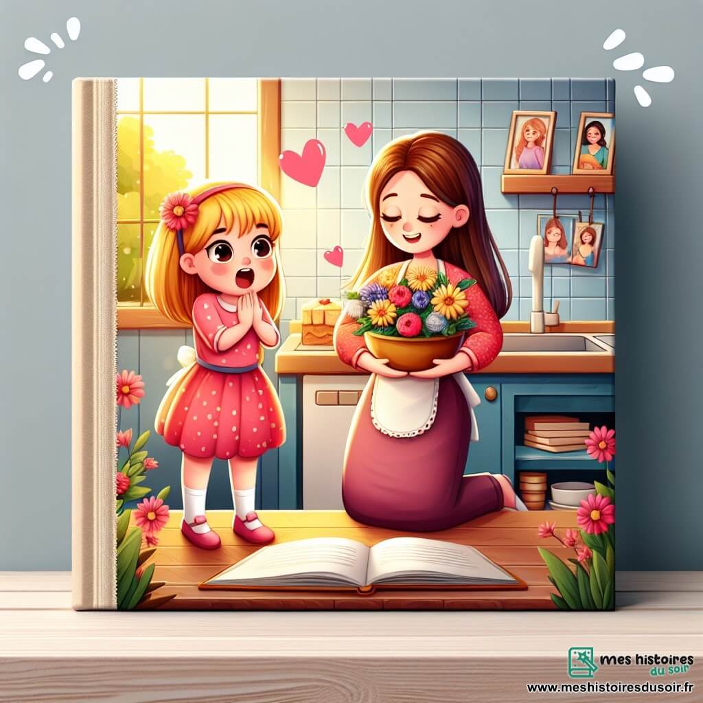 Une illustration destinée aux enfants représentant une fillette préparant une surprise pour sa maman, accompagnée de sa maman émue, dans une cuisine chaleureuse et ensoleillée aux couleurs vives, décorée de fleurs et de photos de famille.