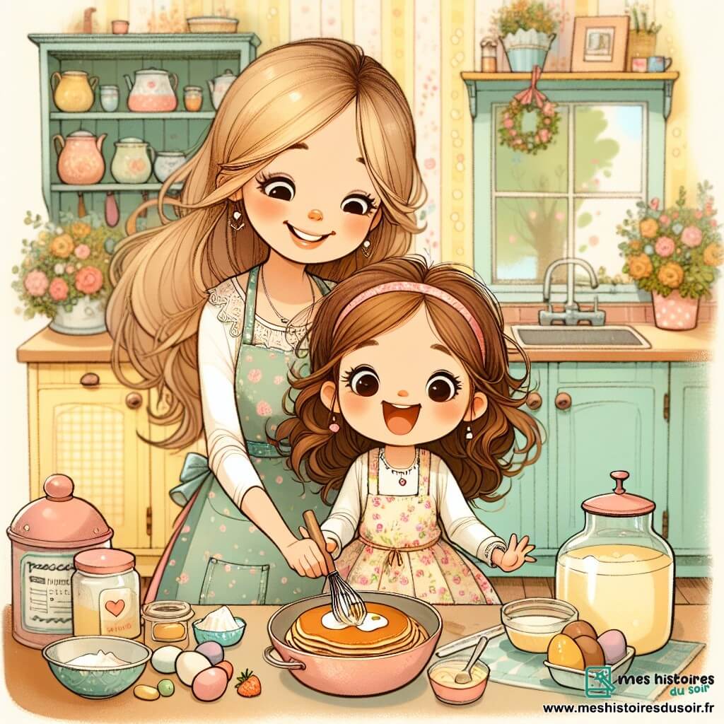 Une illustration sous forme de dessin destinée aux enfants représentant une cuisine chaleureuse et lumineuse, avec des murs peints en jaune pastel, où une petite fille de 5 ans aux cheveux bruns et bouclés, portant une robe à fleurs, se tient joyeusement en train de préparer des crêpes avec sa maman, une femme souriante aux cheveux longs et blonds, vêtue d'un tablier, tandis qu'un grand bol de pâte et des ingrédients colorés sont disposés sur la table, symbolisant un moment de complicité et d'amour familial malgré les changements dans leur vie.
