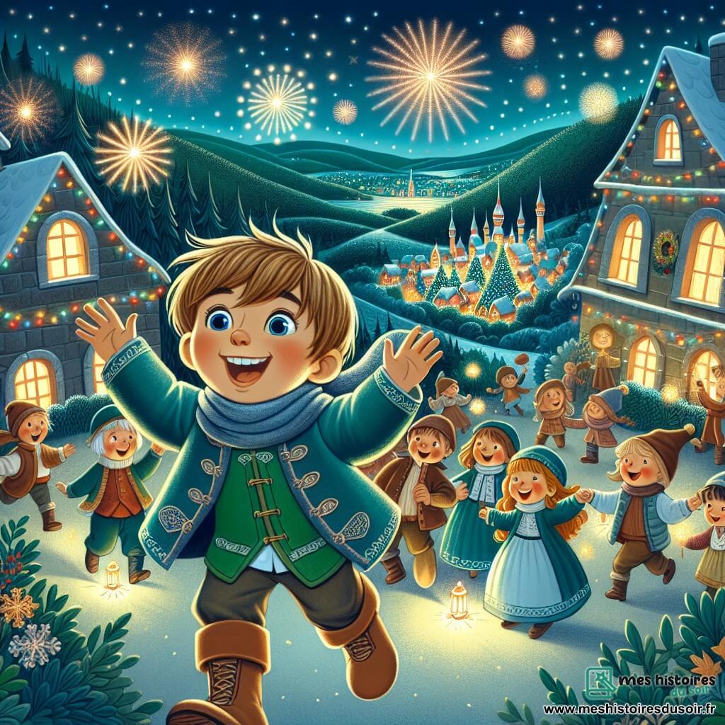 Une illustration destinée aux enfants représentant un garçon plein de vie et curieux, vivant une fête du nouvel an magique en compagnie de ses amis, dans un village scintillant de lumières et de couleurs, au cœur d'une vallée verdoyante.