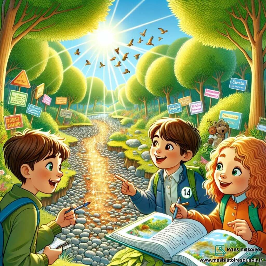 Illustration destinée aux enfants représentant une clairière ensoleillée, entourée de grands arbres aux feuilles verdoyantes, où un ruisseau asséché laisse apparaître des pierres scintillantes sous le soleil. Un groupe de trois enfants de 11 ans, deux garçons aux cheveux châtains et une fille aux cheveux bouclés et blonds, est rassemblé autour d'un livre ouvert, discutant avec enthousiasme. Le premier garçon, curieux, pointe du doigt une illustration sur la page, tandis que le second, rêveur, regarde le ciel avec un sourire, imaginant des solutions. La fille, pragmatique, prend des notes sur un petit carnet, déterminée à trouver des idées pour redonner vie au ruisseau. En arrière-plan, des panneaux colorés sur la sensibilisation à l'environnement sont visibles, et quelques oiseaux commencent à revenir, symbolisant l'espoir et le renouveau.