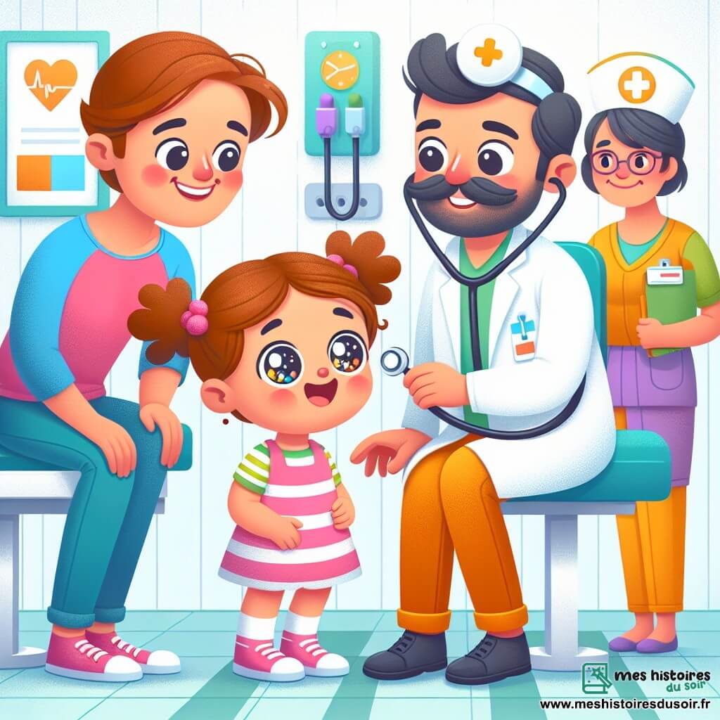 Une illustration sous forme de dessin destinée aux enfants représentant une salle d'examen d'hôpital lumineuse avec des murs blancs et des décorations colorées, où une petite fille de 3 ans aux grands yeux brillants et aux cheveux bouclés, assise sur une table d'examen, regarde avec curiosité un docteur souriant, un homme avec une grande moustache, qui tient un stéthoscope et lui parle gentiment, tandis qu'une infirmière, une femme aux cheveux courts et aux vêtements colorés, observe la scène avec bienveillance, le tout dans une atmosphère rassurante et chaleureuse, illustrant le moment où la petite fille se rend chez le docteur pour un petit rhume.