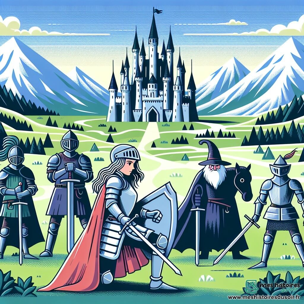 Une illustration destinée aux enfants représentant une chevalière courageuse se préparant à affronter un sorcier maléfique aux côtés de ses compagnons chevaliers, dans un château majestueux entouré de montagnes enneigées et de vastes plaines verdoyantes.