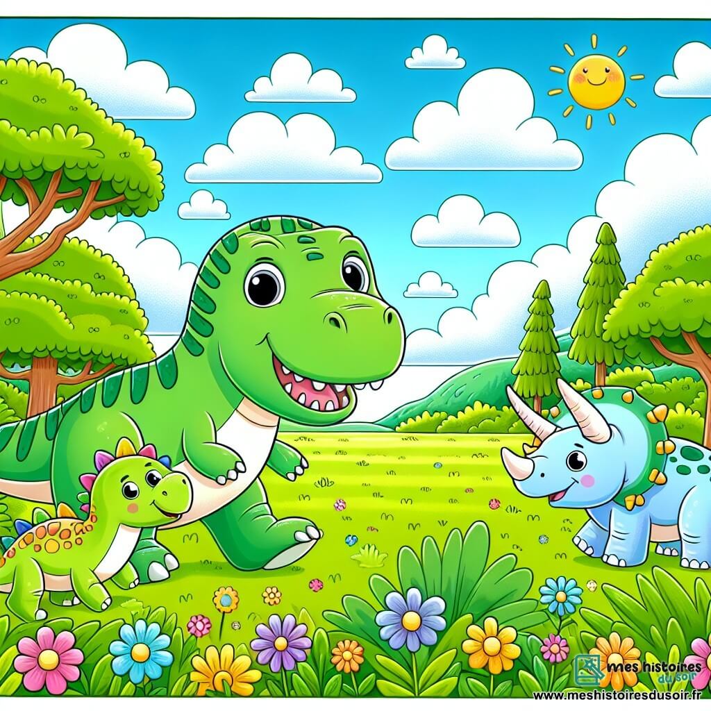Une illustration sous forme de dessin destinée aux enfants représentant une vaste plaine verdoyante sous un ciel bleu ensoleillé, avec un grand Tyrannosaure Rex au sourire amical, aux écailles vertes et aux petits bras, marchant joyeusement à la recherche d'amis, tandis qu'un petit tricératops aux cornes colorées et un long diplodocus au cou élancé les rejoignent pour jouer ensemble, entourés de fleurs colorées et de grands arbres, illustrant l'amitié et l'aventure dans le monde des dinosaures.