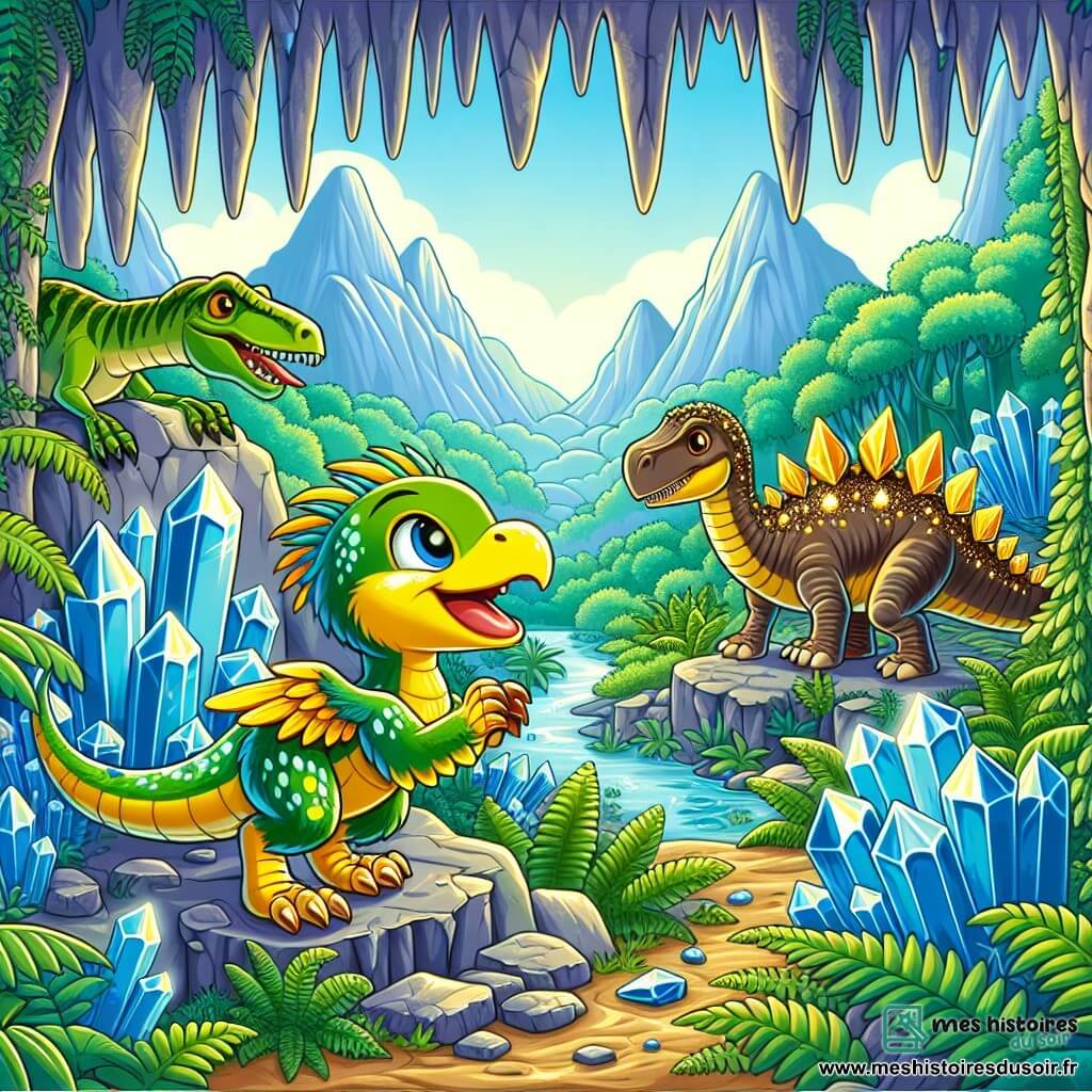 Une illustration sous forme de dessin destinée aux enfants représentant une vallée préhistorique verdoyante, où un vélociraptor aux plumes vertes et jaunes, curieux et espiègle, explore une grotte scintillante de cristaux lumineux, tandis qu'un stégosaure à la carapace hérissée de plaques et une ankylosaure au corps robuste l'observent avec émerveillement, alors qu'ils découvrent ensemble la magie cachée de leur monde et se préparent à une grande aventure pour sauver leur vallée.