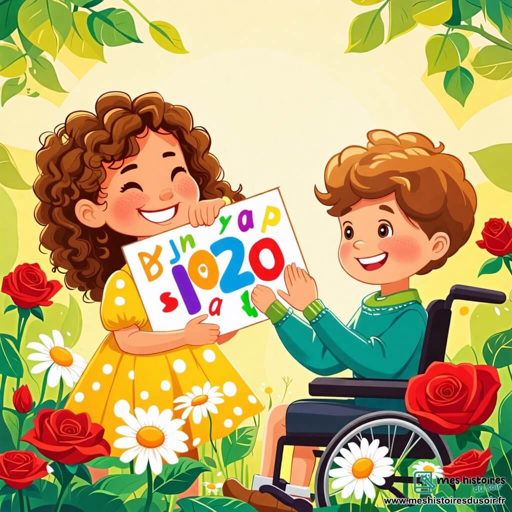 Illustration d'un jardin ensoleillé rempli de fleurs colorées, avec des marguerites blanches et des roses rouges dansant au vent. Au centre, une petite fille de 8 ans, aux cheveux bouclés et bruns, sourit joyeusement en portant une robe jaune à pois et tenant un grand panneau en carton décoré de lettres colorées. À côté d'elle, un garçon de 9 ans, souriant et blond, applaudit avec enthousiasme, vêtu d'un t-shirt bleu et d'un short. Un autre garçon de 7 ans, assis dans un fauteuil roulant, a des cheveux châtains et porte un pull vert, admirant un dessin vibrant qu'il vient de réaliser, représentant un paysage avec des collines et des étoiles. La scène dégage une atmosphère de joie et de camaraderie, avec des ballons flottants et des guirlandes colorées accrochées aux arbres, symbolisant la confiance en soi et l'amitié.