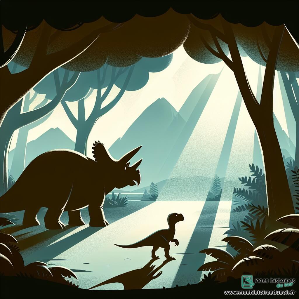 Une illustration destinée aux enfants représentant un tricératops, gardien de la vallée, accompagné d'un jeune vélociraptor, observant les mystérieuses ombres dans une vallée préhistorique baignée de lumière filtrant à travers la dense canopée des arbres.