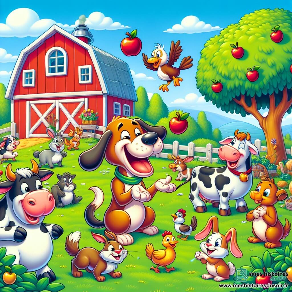 Une illustration sous forme de dessin destinée aux enfants représentant une ferme colorée avec des champs verdoyants et une grange rouge, où un chien joyeux aux grandes oreilles tombantes et à la queue frétillante, en train de jongler maladroitement avec des pommes, fait rire un groupe d'animaux, dont une vache rieuse aux taches blanches et noires, un coq aux plumes flamboyantes et des lapins curieux, tous captivés par les pitreries du chien dans une ambiance festive et enjouée.