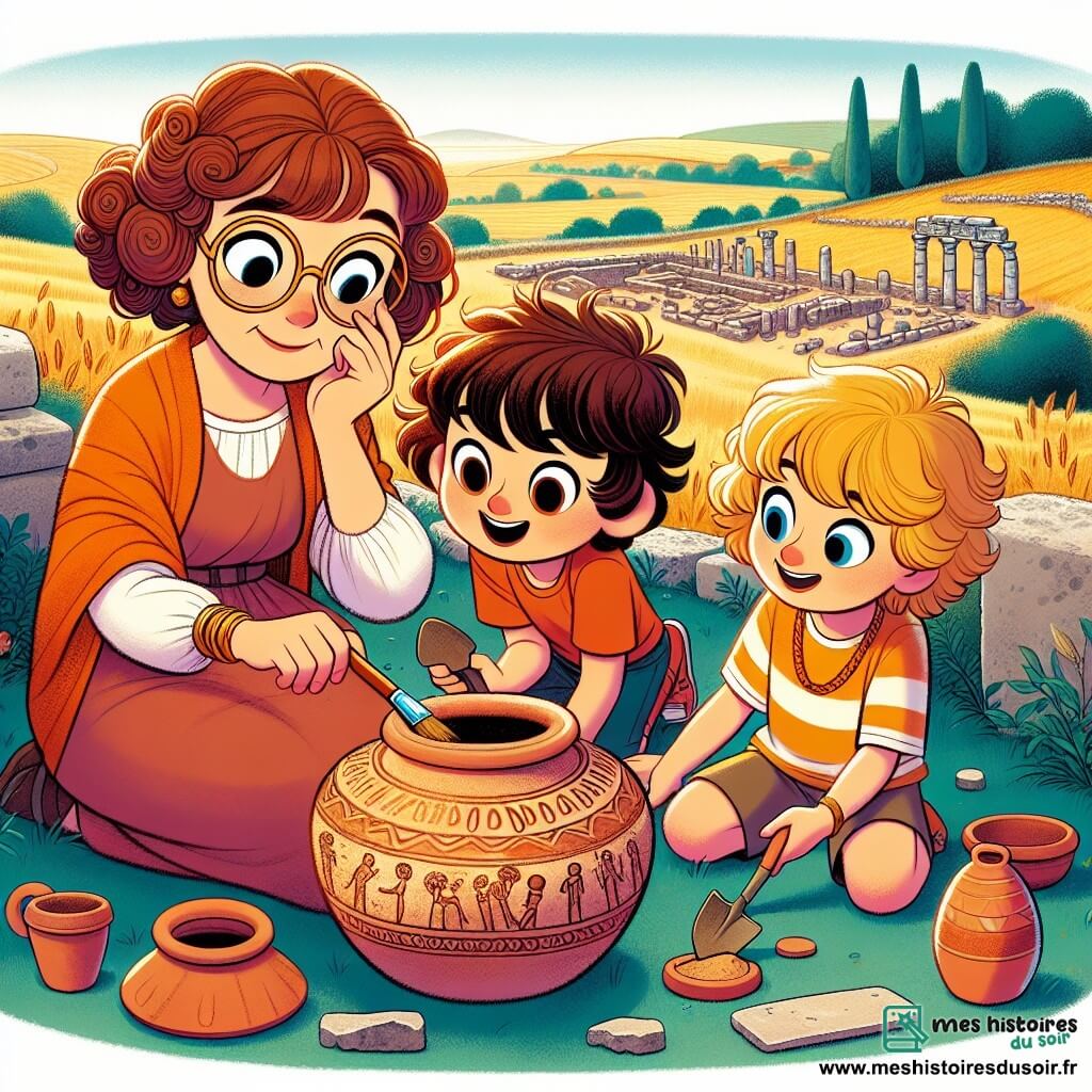 Une illustration sous forme de dessin destinée aux enfants représentant un site archéologique en plein air, avec des ruines romaines recouvertes de mousse et entourées de champs dorés, où une femme aux cheveux châtains bouclés et portant des lunettes rondes, agenouillée avec une brosse à la main, examine attentivement une jarre en terre cuite, tandis qu'un garçon aux cheveux bruns et un sourire espiègle, tenant une petite pelle, s'approche avec excitation, et une fille aux cheveux blonds, les yeux brillants de curiosité, observe avec émerveillement, tous trois plongés dans une aventure de découverte et d'apprentissage.