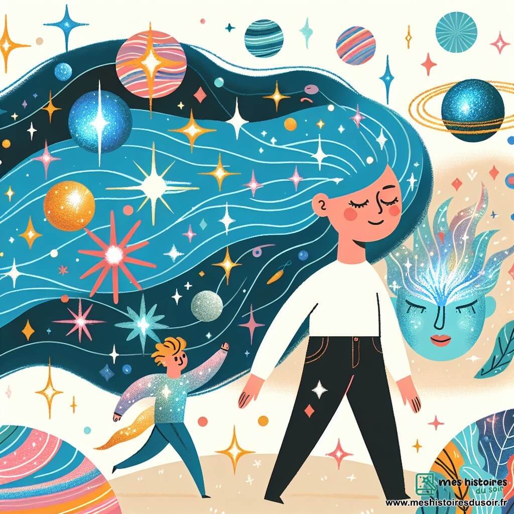 Une illustration destinée aux enfants représentant une femme aux cheveux d'un bleu éclatant, explorant des mondes stellaires avec l'aide de gardiennes étincelantes, dans un univers cosmique parsemé d'étoiles scintillantes et de planètes colorées.