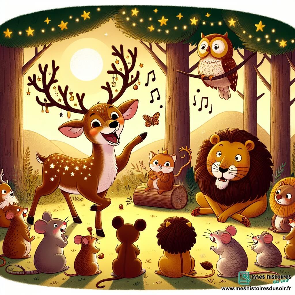 Une illustration sous forme de dessin destinée aux enfants représentant une clairière enchantée dans la forêt de Froufrouville, où un renne au pelage brun éclatant et aux cornes ornées de petites étoiles dorées se tient joyeusement au centre, en train de raconter une blague à un groupe d'animaux amusés, comprenant un hibou aux plumes douces perché sur une branche, un lion à la crinière flamboyante riant aux éclats, et une petite souris malicieuse qui s'accroche à une noix, le tout baigné dans une lumière dorée du soleil couchant, créant une atmosphère chaleureuse et festive.
