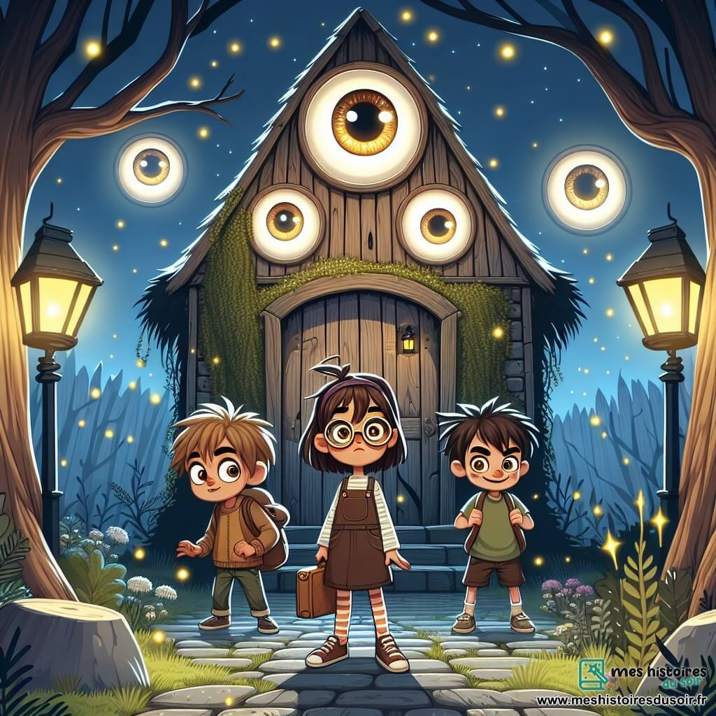 Une illustration sous forme de dessin destinée aux enfants représentant une maison ancienne et mystérieuse, aux fenêtres brillantes comme des yeux curieux, entourée d'un jardin sauvage illuminé par des lucioles, où un groupe de trois enfants de 7 ans — une fille courageuse aux cheveux bruns et aux lunettes, un garçon aux cheveux ébouriffés et aux yeux pétillants, et un autre garçon au sourire espiègle — se tient devant une porte en bois décoloré, avec des ombres dansantes autour d'eux, alors qu'ils se préparent à entrer dans la maison pour découvrir ses secrets magiques, tout en affichant une expression d'excitation mêlée d'appréhension.