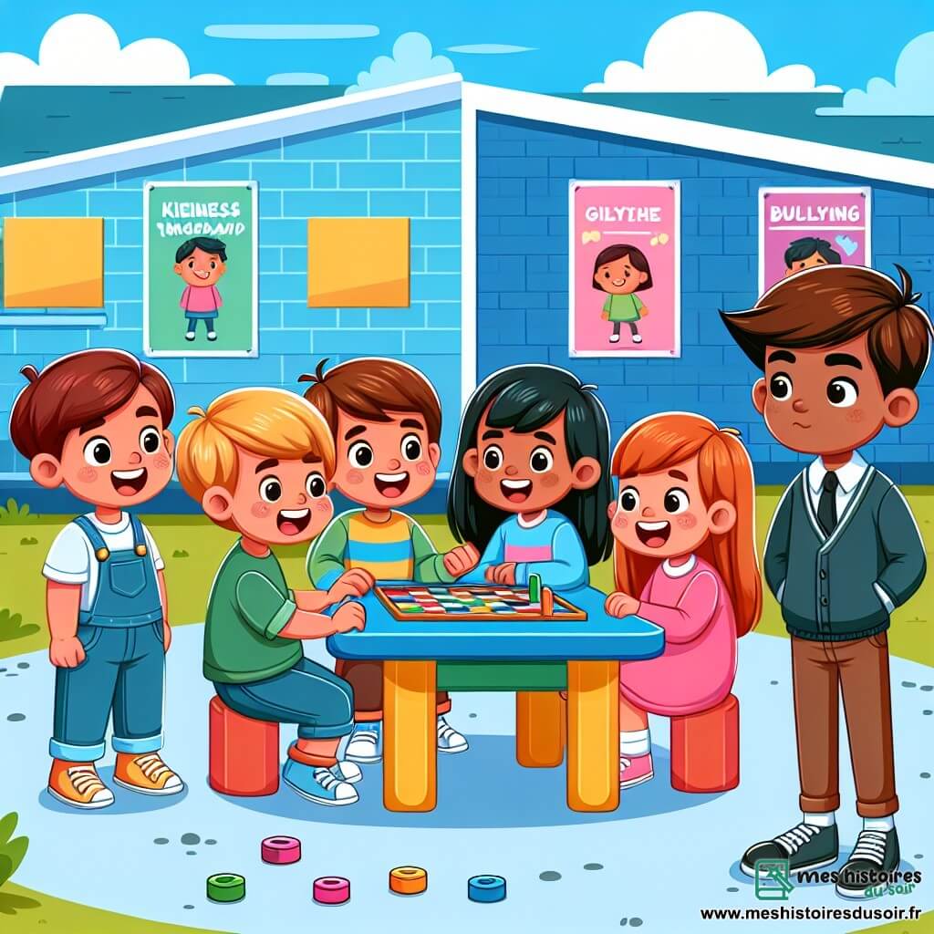 Une illustration sous forme de dessin destinée aux enfants représentant une cour d'école colorée avec des murs peints en bleu et jaune, où un groupe de cinq enfants de sept ans, trois garçons aux cheveux bruns et blonds et deux filles aux cheveux châtains et roux, se tiennent ensemble autour d'une table de jeu, souriant et riant, tandis qu'un garçon aux cheveux noirs, un peu à l'écart, les observe avec une expression curieuse, illustrant un moment de camaraderie et de soutien face au harcèlement, avec des affiches colorées sur les murs portant des messages de gentillesse et d'amitié.