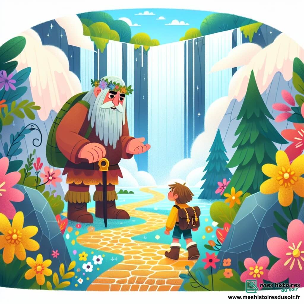 Une illustration destinée aux enfants représentant un géant bienveillant guidant un jeune aventurier à travers un sentier enchanté parsemé de fleurs colorées, vers un trésor caché au cœur d'une cascade majestueuse.