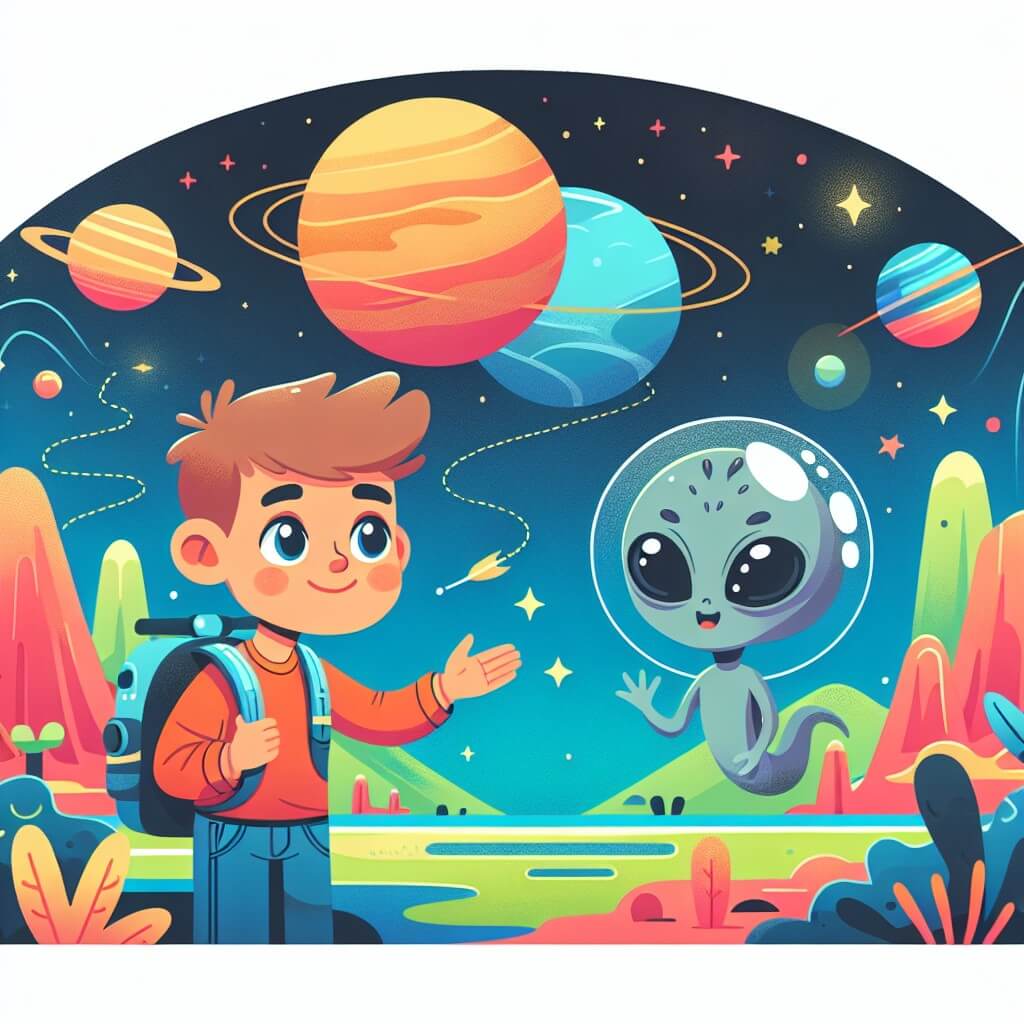 Une illustration destinée aux enfants représentant un jeune homme rêveur, passionné par l'espace, qui rencontre une petite créature extraterrestre lors de sa mission d'exploration spatiale, sur une planète lointaine et colorée aux paysages fantastiques.
