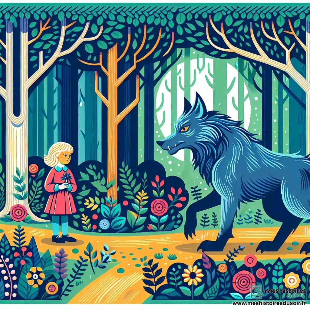 Une illustration destinée aux enfants représentant un loup-garou mystérieux rencontrant une petite fille curieuse dans une forêt enchantée, où les arbres majestueux et les fleurs colorées bordent le sentier.