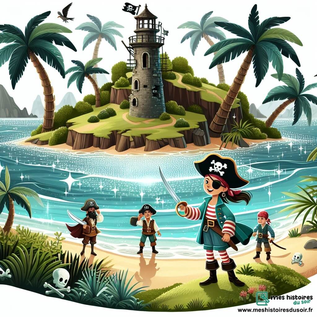 Une illustration destinée aux enfants représentant une courageuse capitaine pirate femme, accompagnée de son fidèle équipage masculin, explorant une île luxuriante aux palmiers ondulant sous le vent, avec une vieille tour en ruines au sommet, surplombant un océan scintillant de mille reflets argentés.