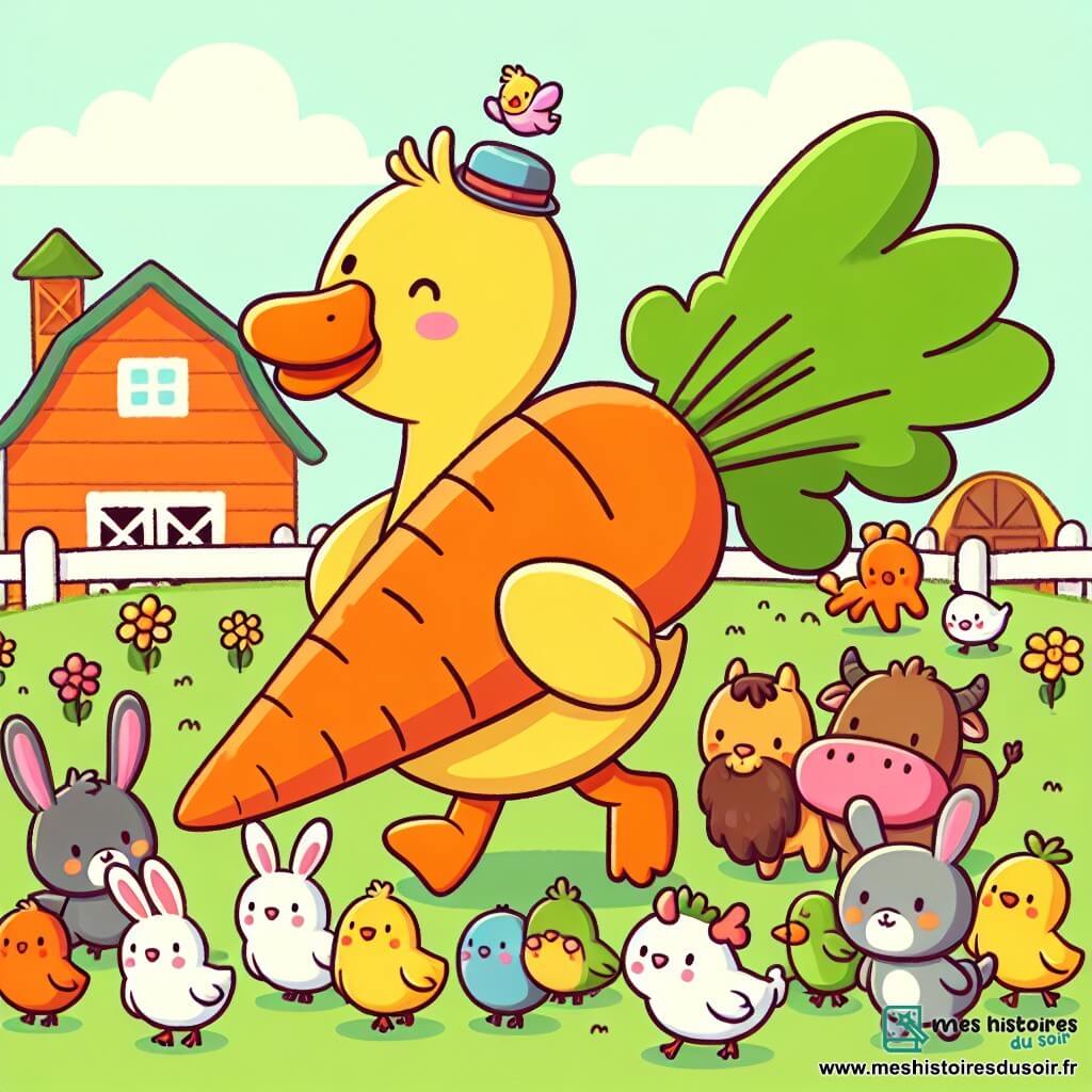 Une illustration destinée aux enfants représentant un canard malicieux entouré d'animaux curieux transportant une carotte géante jusqu'à une ferme colorée et joyeuse.