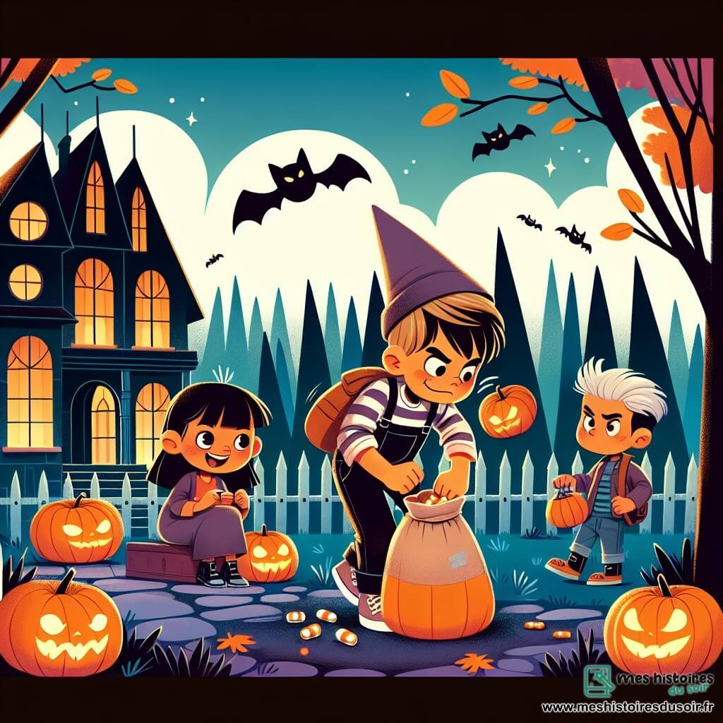 Une illustration destinée aux enfants représentant un garçon malicieux en pleine préparation de son déguisement d'Halloween, accompagné de ses amis, une fille et un garçon, explorant un manoir lugubre entouré d'arbres aux feuilles d'orange et de citrouilles illuminées, dans une petite ville aux maisons pointues.