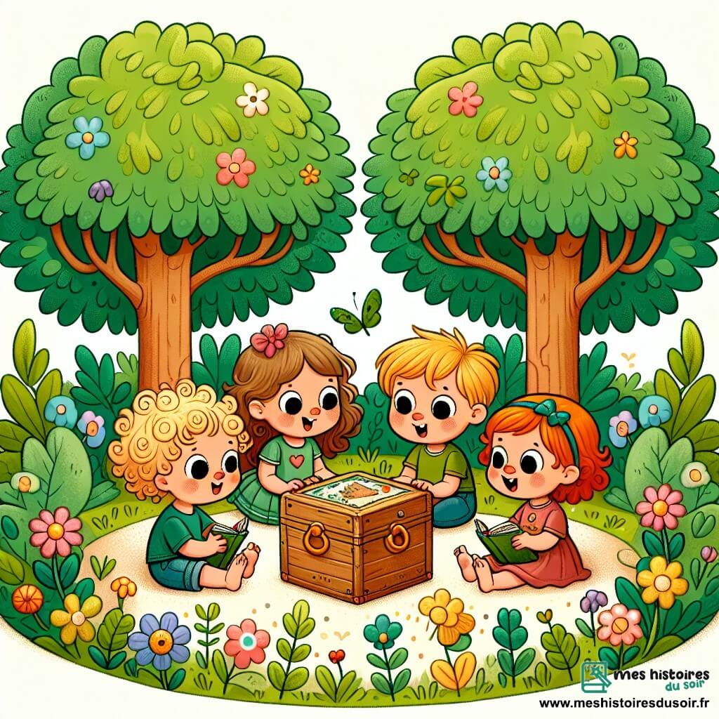 Une illustration sous forme de dessin destinée aux enfants représentant un parc ensoleillé avec de grands arbres verts et des fleurs colorées, où un groupe de quatre enfants de 3 ans, deux garçons aux cheveux blonds et bouclés, une fille aux cheveux bruns et une autre fille aux cheveux roux, sont assis en cercle autour d'un vieux coffre en bois, les yeux brillants de curiosité alors qu'ils découvrent des livres d'histoires illustrées, avec des expressions émerveillées sur leurs visages, tandis qu'un léger vent fait danser les feuilles au-dessus d'eux.