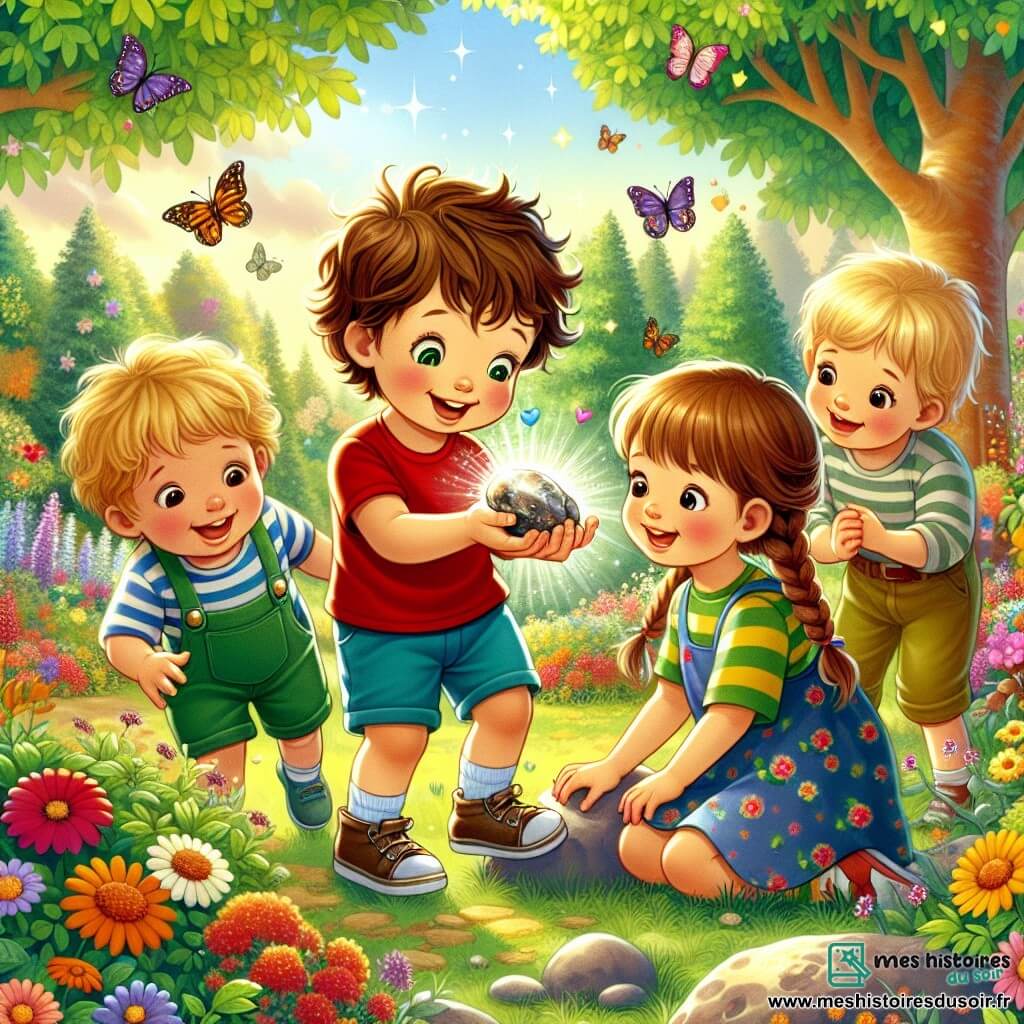 Illustration destinée aux enfants représentant un jardin ensoleillé, rempli de fleurs colorées et de grands arbres aux feuilles verdoyantes, où un groupe d'enfants de trois ans joue joyeusement. Au centre, un petit garçon aux cheveux bruns et bouclés, portant un t-shirt rouge et un short bleu, tient un caillou brillant dans sa main, avec un sourire fier sur son visage. À ses côtés, un petit garçon aux cheveux blonds, habillé d'une chemise à rayures et d'un pantalon vert, regarde le caillou avec des yeux écarquillés, tandis qu'une petite fille aux cheveux châtains et tressés, vêtue d'une robe à fleurs, les observe avec curiosité. La scène capture l'instant où le garçon partage son "trésor" avec ses amis, entouré de rires et d'émerveillement, tandis que des papillons colorés volent autour d'eux, ajoutant une touche magique à l'atmosphère.