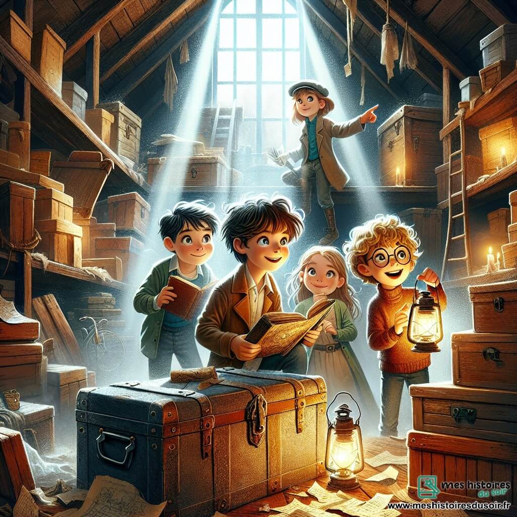 Illustration destinée aux enfants représentant un grenier mystérieux, rempli de vieilles malles en bois, de cartons poussiéreux et de rayons de lumière filtrant à travers des fenêtres encrassées, créant une ambiance enchantée. Au centre, un groupe de quatre enfants de 11 ans : un garçon aux cheveux en bataille et aux yeux pétillants, tenant une vieille carte, une fille aux cheveux bouclés et lunettes rondes, examinant un livre ancien, un garçon énergique avec un sourire espiègle, pointant vers un coffre en métal, et une fille courageuse, les yeux brillants d'excitation, prête à explorer un passage secret derrière une étagère. L'atmosphère est remplie de mystère et d'aventure, avec des objets fantastiques éparpillés autour, et une lumière douce illuminant leur quête.