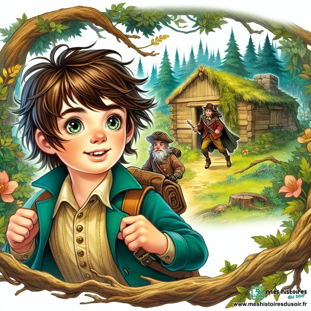 Une illustration destinée aux enfants représentant un garçon aux cheveux bruns ébouriffés et aux yeux pétillants se lançant un défi dans une forêt mystérieuse, accompagné par le sage capitaine Alphonse, dans une cabane en bois cachée derrière un buisson épais, où des trésors oubliés et des secrets anciens attendent d'être découverts.