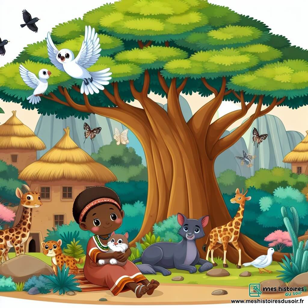 Une illustration destinée aux enfants représentant une femme douce et aimante, assise à l'ombre d'un grand baobab dans un petit village au cœur de la savane africaine, entourée de majestueux animaux sauvages et d'un oiseau aux plumes chatoyantes.