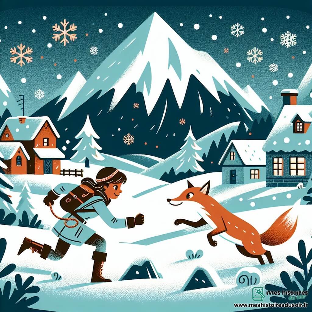 Une illustration destinée aux enfants représentant une courageuse exploratrice (fille) affrontant une montagne enneigée avec l'aide d'un renard malicieux (garçon), dans un petit village pittoresque au pied de la montagne, où les flocons de neige virevoltent joyeusement autour d'eux.