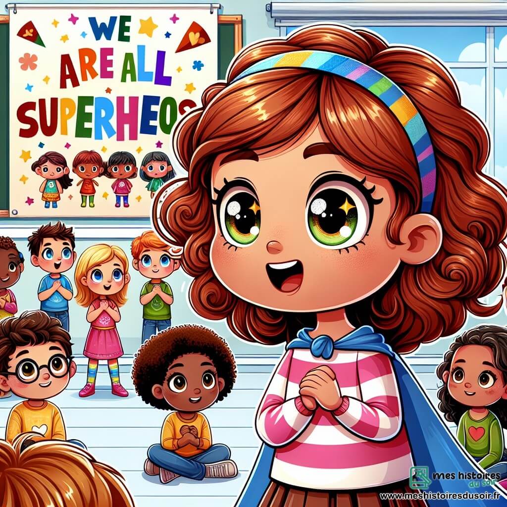 Une illustration sous forme de dessin destinée aux enfants représentant une salle de classe lumineuse et colorée, où une petite fille de 7 ans aux cheveux bouclés couleur châtaigne et aux yeux pétillants se tient debout, souriante et confiante, partageant son expérience avec ses camarades ; autour d'elle, des enfants de différents âges, dont une fille aux cheveux blonds et une autre aux cheveux bruns, l'écoutent attentivement, affichant des expressions d'empathie et de soutien, tandis qu'une banderole colorée "Nous sommes tous des super-héros !" est accrochée au mur, symbolisant l'amitié et la solidarité face à la maladie.