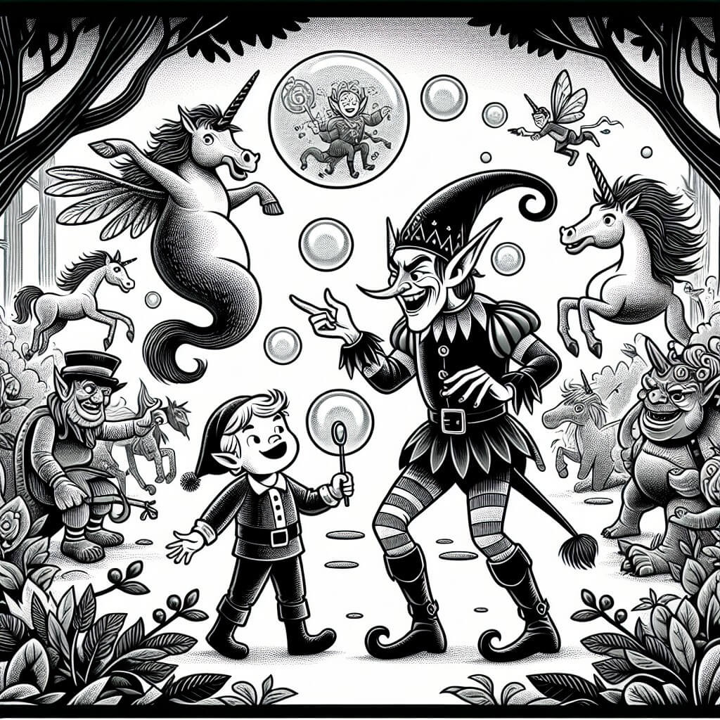 Une illustration destinée aux enfants représentant un elfe farceur et malicieux qui rencontre un jeune garçon lors d'une promenade enchantée à travers une forêt magique remplie de licornes dansantes, de trolls farceurs et de dragons soufflant des bulles de savon géantes.