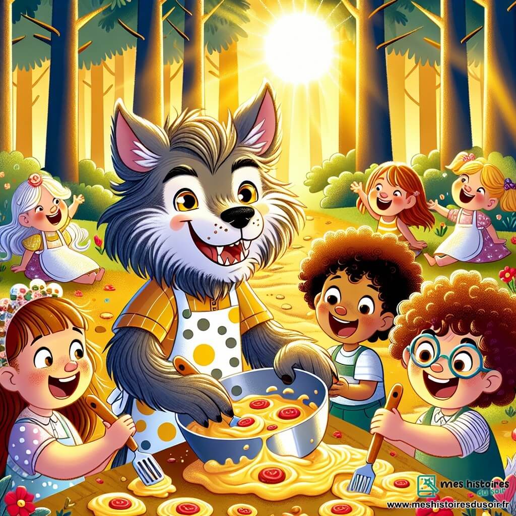 Une illustration sous forme de dessin destinée aux enfants représentant une clairière enchantée baignée de lumière dorée, où un loup-garou amical, un garçon avec une fourrure douce et des yeux pétillants, portant un tablier à pois et tenant une spatule, prépare des biscuits avec enthousiasme, entouré de plusieurs enfants joyeux, dont une fille aux cheveux bouclés et une autre aux lunettes colorées, tous riant et s'amusant tout en mélangeant une pâte à biscuits magique avec des pétales de fleurs chantantes.