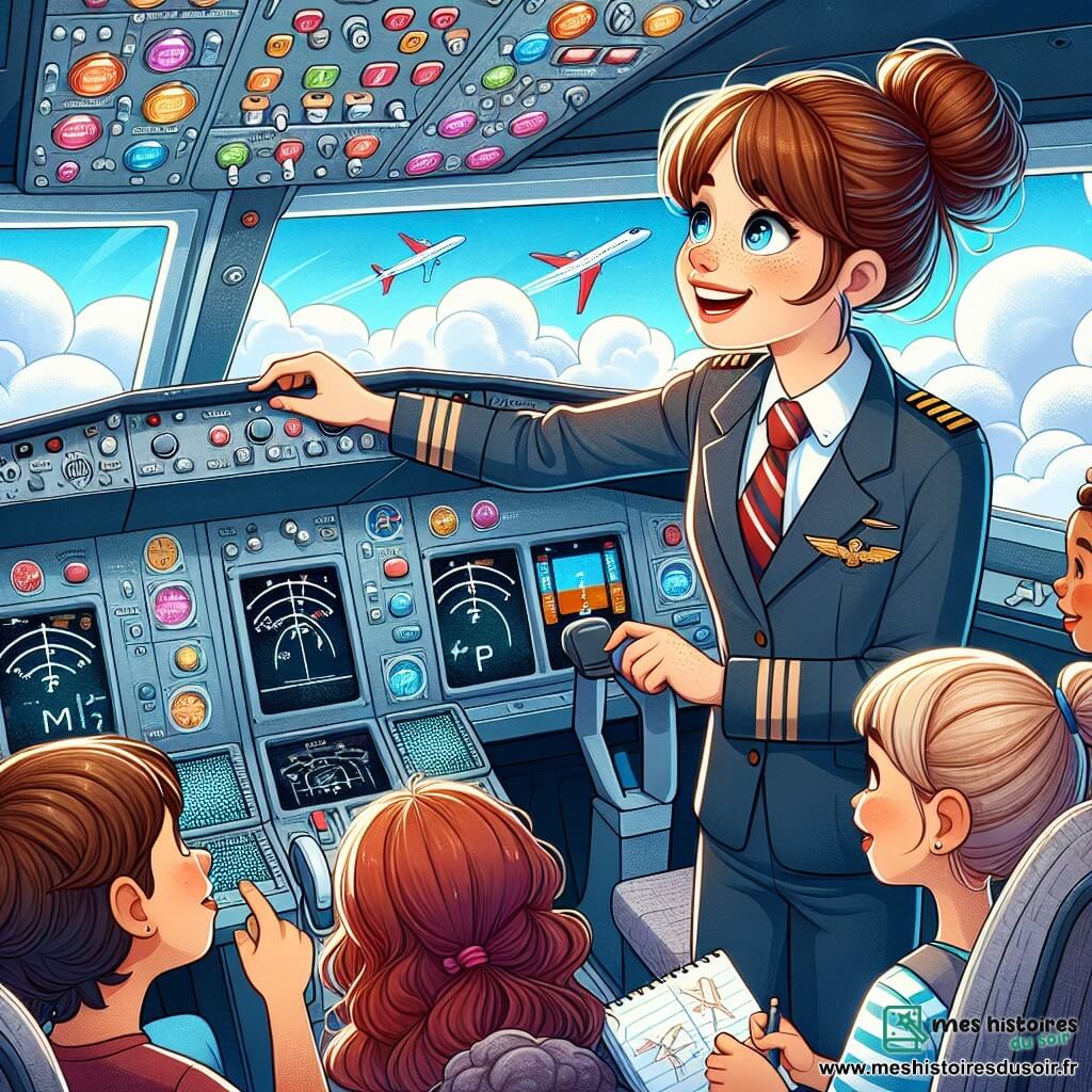Illustration d'un cockpit d'avion moderne, rempli de boutons colorés et d'écrans lumineux. À l'avant, une femme pilote souriante, avec des cheveux châtains en chignon et un uniforme bleu marine avec une cravate rouge, est concentrée sur les commandes, ajustant les manettes avec assurance, ses yeux pétillants d'excitation. Autour d'elle, cinq enfants de 10 à 12 ans, émerveillés, l'observent. Une fille aux cheveux roux lève la main avec curiosité, tandis qu'un garçon aux lunettes prend des notes. Les autres enfants regardent par les hublots, captivés par la vue des nuages. La pilote explique les merveilles du vol, avec un ciel bleu éclatant et des nuages moelleux en arrière-plan, créant une atmosphère d'aventure. Des instruments de vol colorés et des rayons de lumière filtrant à travers le cockpit ajoutent une touche magique à cette scène éducative et inspirante.