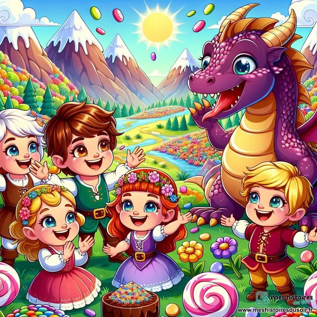 Une illustration sous forme de dessin destinée aux enfants représentant une clairière enchantée remplie de montagnes de bonbons colorés et de rivières de chocolat, où un groupe de quatre enfants de 7 ans, deux garçons aux cheveux bruns et aux yeux pétillants, et deux filles aux cheveux dorés et roux, dansent et rient ensemble tout en racontant des blagues à un dragon chocolaté aux écailles mauves, qui les observe avec un sourire amusé, entouré de fleurs aux visages souriants et de gobelins joyeux qui applaudissent et s’amusent, le tout sous un ciel ensoleillé et parsemé de nuages en forme de guimauve.