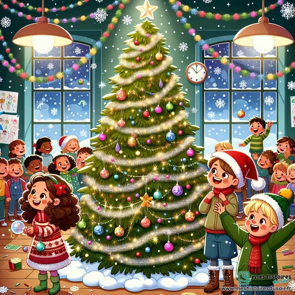 Illustration destinée aux enfants représentant un grand sapin de Noël décoré de guirlandes scintillantes et de boules colorées, situé dans une salle d'école chaleureuse aux murs ornés de dessins d'enfants et de flocons de neige en papier. Au premier plan, un groupe de trois enfants de sept ans, deux filles aux cheveux bruns et bouclés, l'une portant un bonnet rouge et l'autre une écharpe verte, et un garçon aux cheveux blonds, souriant et tenant une étoile en verre étincelante, se tiennent autour du sapin, émerveillés par sa beauté. En arrière-plan, des camarades de classe, des garçons et des filles, s'affairent à accrocher des décorations et à chanter des chants de Noël, créant une atmosphère joyeuse et festive. Des flocons de neige tombent doucement à l'extérieur des fenêtres, ajoutant une touche magique à cette scène de célébration de Noël.