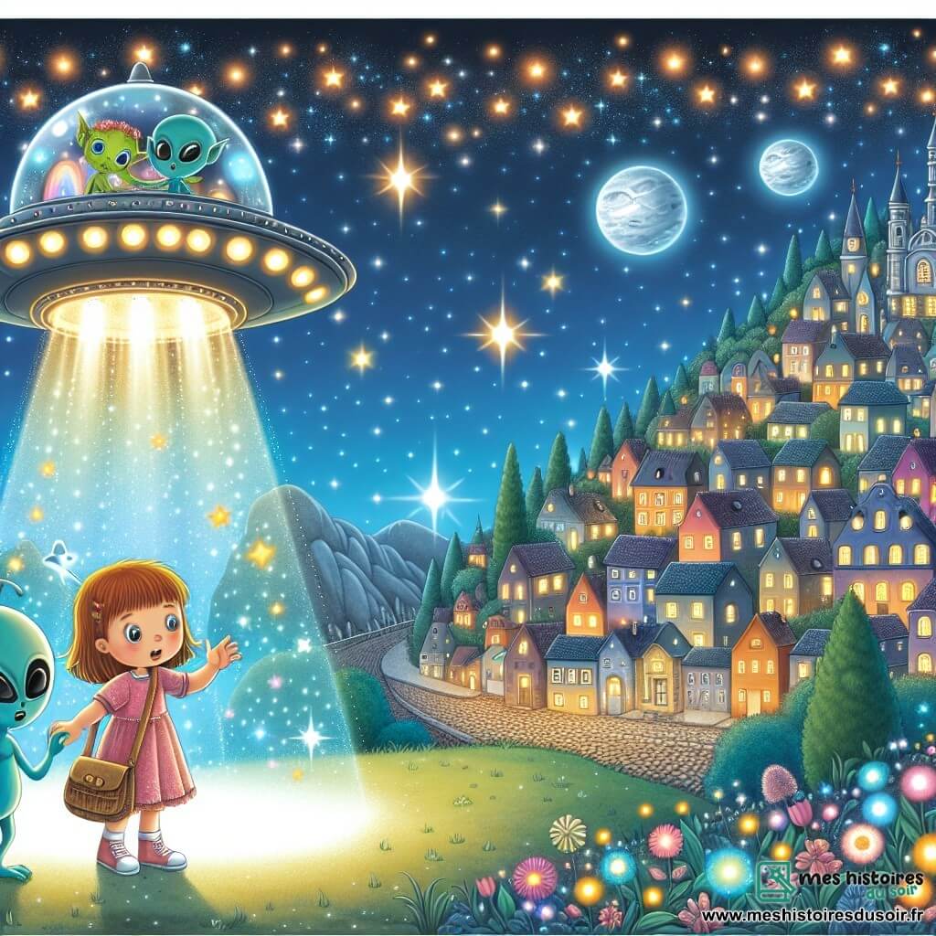 Une illustration destinée aux enfants représentant une petite fille curieuse découvrant un vaisseau spatial avec des créatures lumineuses, accompagnée de son nouvel ami extraterrestre, sur une colline scintillante surplombant la ville de Lumière-Étoilée, remplie de maisons colorées et de rues pavées illuminées par les étoiles.
