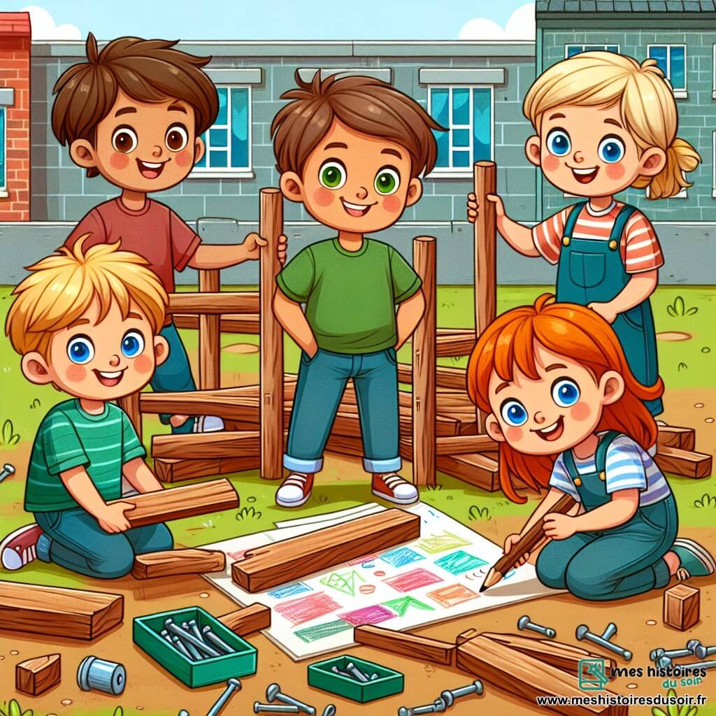 Une illustration sous forme de dessin destinée aux enfants représentant une cour d'école colorée, où un groupe de quatre enfants de 7 ans, deux garçons aux cheveux bruns et blonds, et deux filles aux cheveux châtains et blonds, sont en train de construire une cabane en bois, tous souriants et unis, avec des planches et des clous éparpillés autour d'eux, tandis que l'une des filles dessine des motifs colorés sur un vieux drap, symbolisant l'esprit d'aventure et l'égalité des genres.