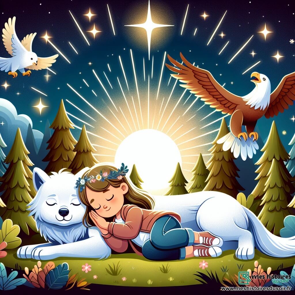 Une illustration destinée aux enfants représentant une jeune fille endormie dans une forêt enchantée, accompagnée d'un loup blanc et d'un aigle majestueux, au cœur d'une clairière baignée par la lumière douce du soleil levant.
