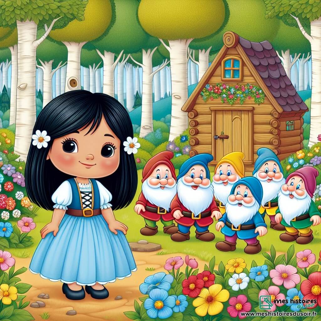 Une illustration destinée aux enfants représentant une jeune fille aux cheveux noirs comme l'ébène, vêtue d'une robe bleue, se tenant devant une petite maison en bois, entourée de sept nains joyeux, dans une forêt enchantée remplie de fleurs colorées et d'arbres majestueux.