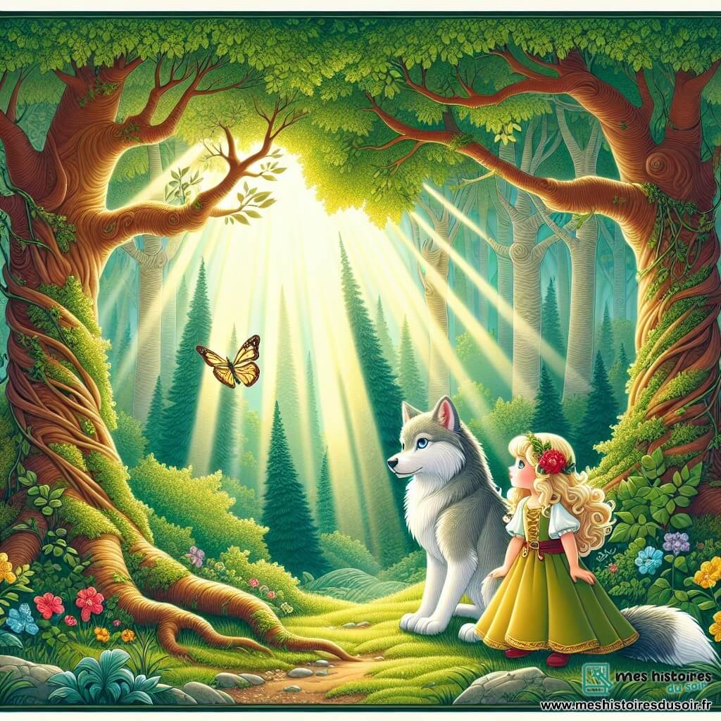 Une illustration sous forme de dessin destinée aux enfants représentant une forêt enchantée, avec des arbres majestueux aux feuilles verdoyantes et des rayons de soleil filtrant à travers le feuillage, où une petite fille de 11 ans aux cheveux dorés et aux yeux bleus pétillants s'approche avec curiosité d'un grand loup au pelage gris argenté, assis sur ses pattes arrière, un regard à la fois doux et mystérieux, tandis qu'un papillon coloré vole autour d'eux, capturant l'instant magique où la fillette cherche à comprendre la véritable nature du loup, symbolisant l'amitié et la découverte.