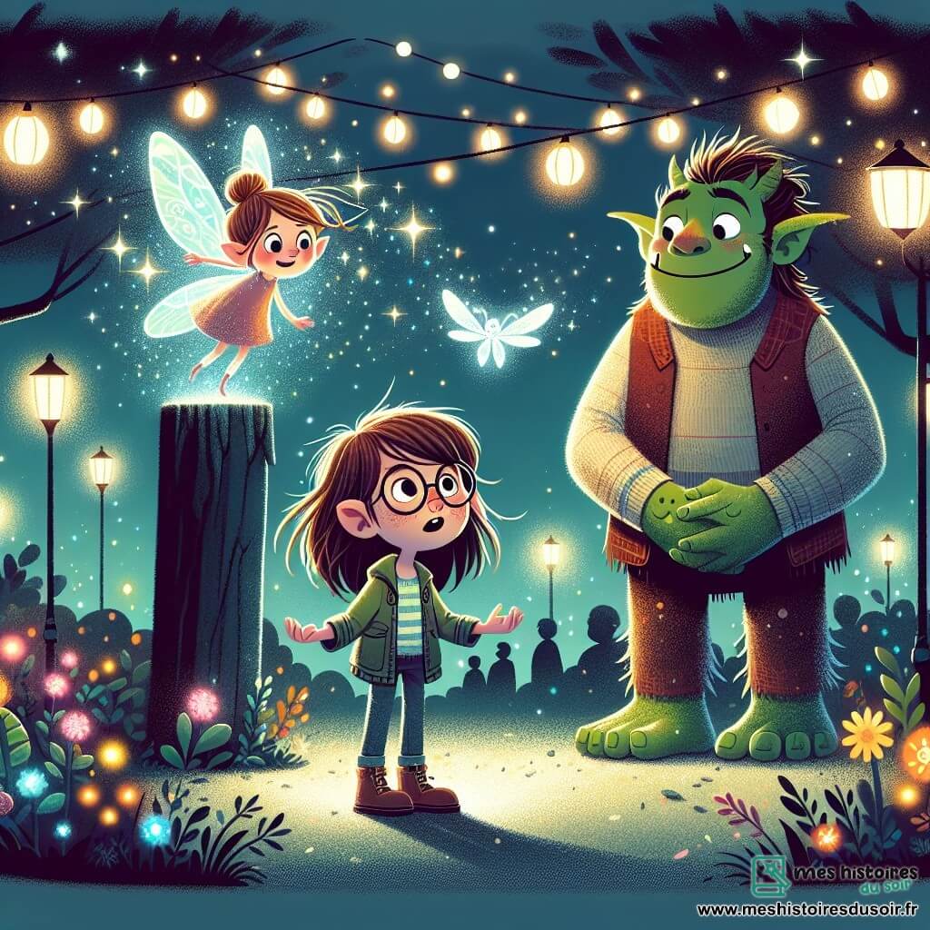 Une illustration sous forme de dessin destinée aux enfants représentant une scène magique dans un parc urbain illuminé par des lanternes scintillantes, où une fille de 12 ans aux cheveux châtains en bataille et portant des lunettes observe avec émerveillement une petite fée aux ailes translucides qui virevolte autour d'elle, tandis qu'un grand troll aux écailles vertes et au sourire bienveillant se tient à ses côtés, tous deux unis dans une quête pour rétablir l'équilibre entre les ombres et la lumière, avec des fleurs luminescentes et des étoiles brillantes dans le ciel nocturne, créant une atmosphère de mystère et d'amitié.